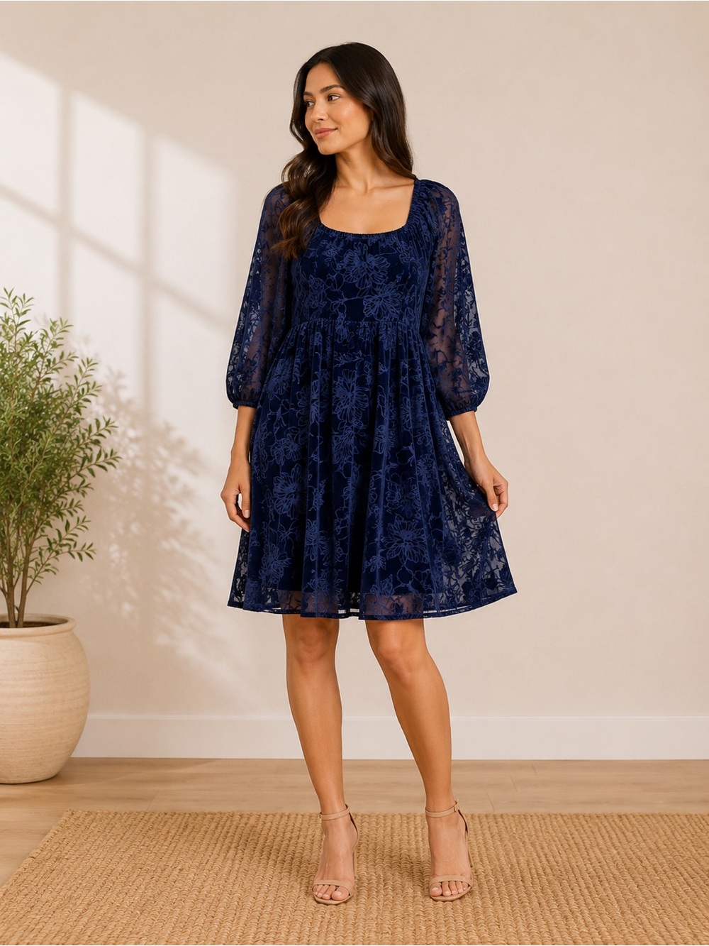 Torrid Navy Burnout Velvet Floral Knee Length Dress Size 3
